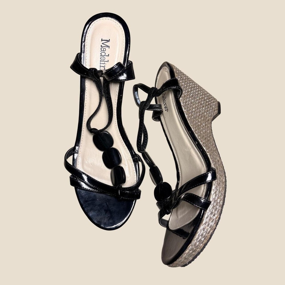 Y2K Madeline Black Patent Beaded T-Strap Woven Wedge Sandals Coquette Fairy